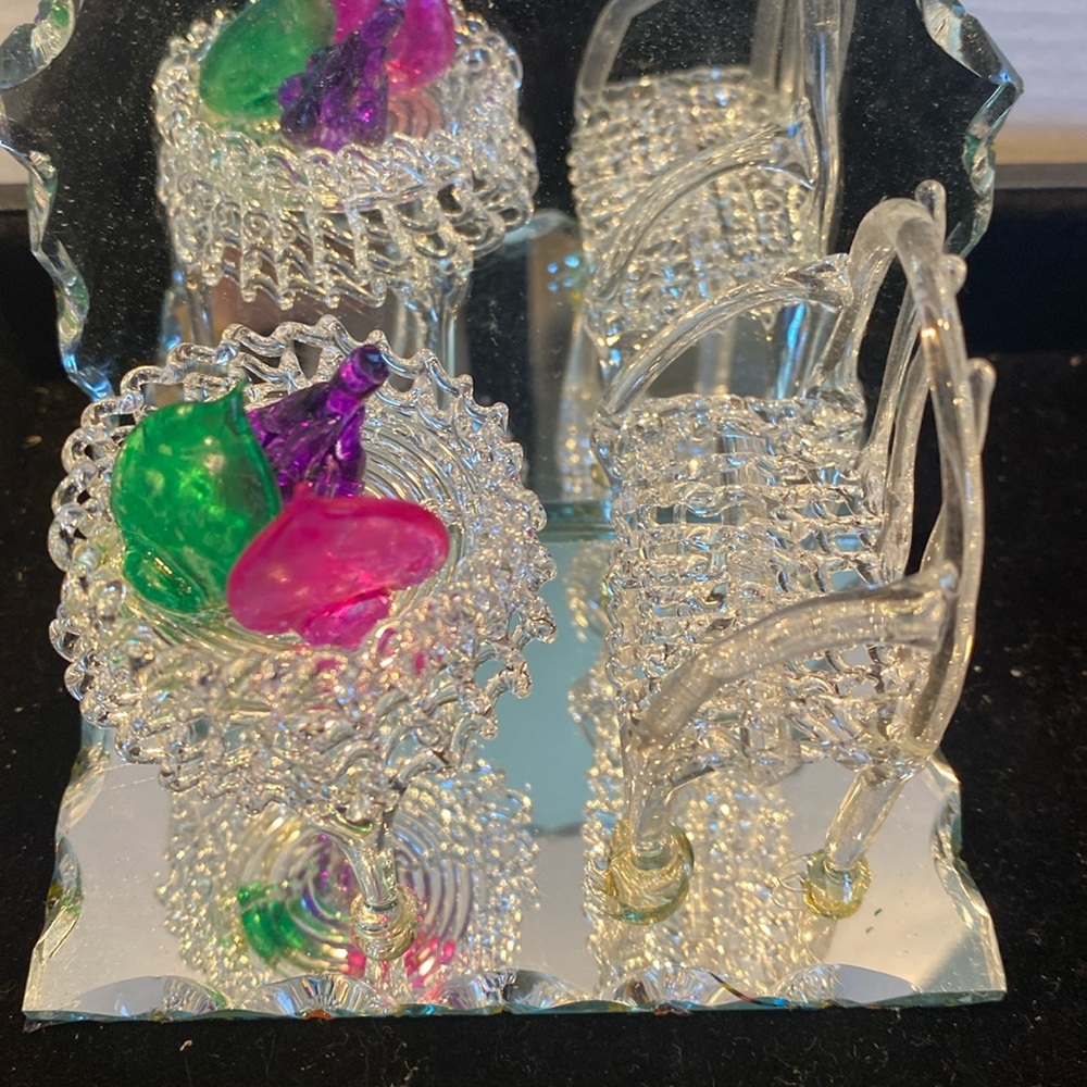 NIB Spun Glass Patio Bench & Table with Fruit Bowl on Scalloped Mirror Base